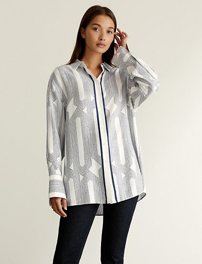 Pure Silk Printed Relaxed Long Sleeve Shirt