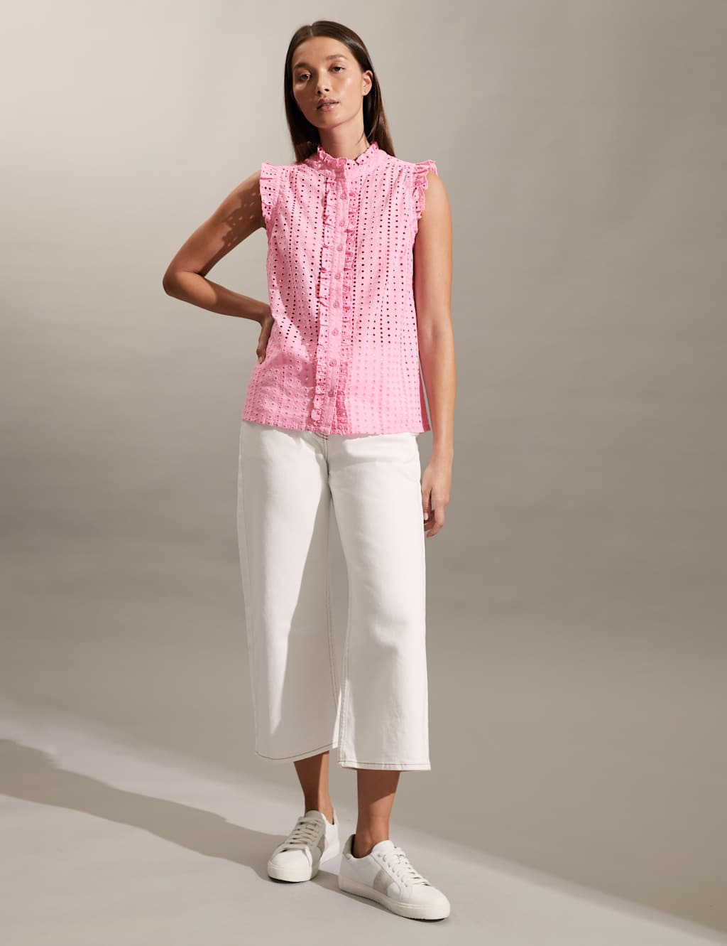 Pure Cotton Broderie Frill Neck Top image 2