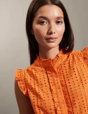 

JAEGER Womens Pure Cotton Broderie Frill Neck Top - Orange, Orange