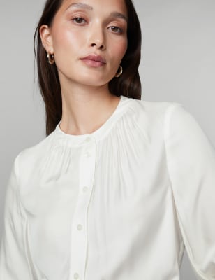 Silk Blend Collarless Blouson Sleeve Blouse