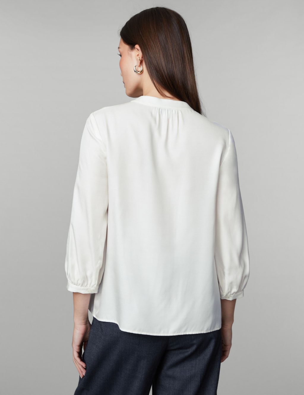 Silk Blend Collarless Blouson Sleeve Blouse image 5