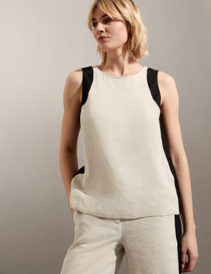 

JAEGER Womens Pure Linen Crew Neck Side Stripe Vest Top - Natural Mix, Natural Mix