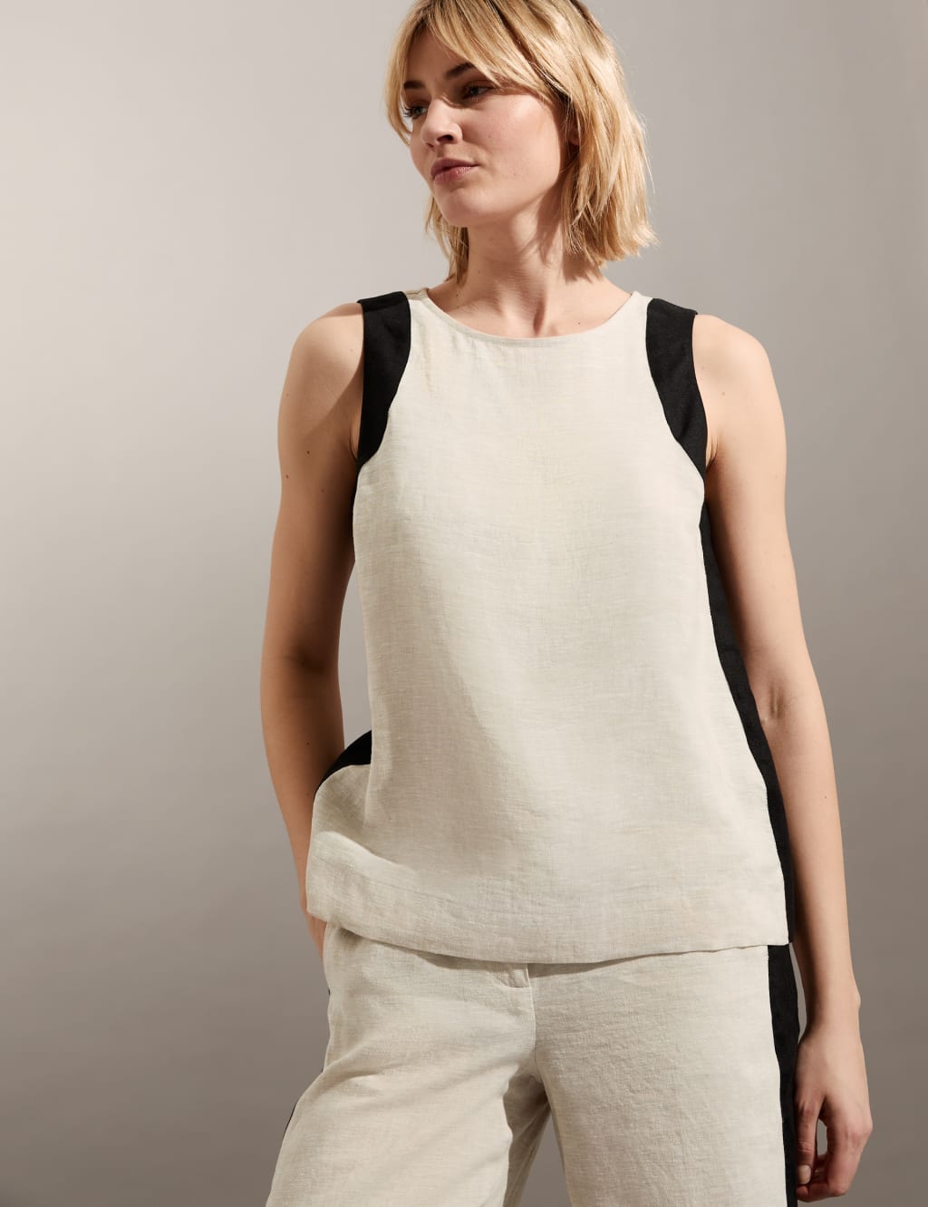 Pure Linen Crew Neck Side Stripe Vest Top image 1