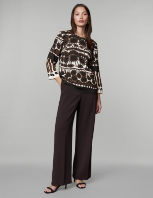 

JAEGER Womens Printed Crew Neck Blouse - Brown Mix, Brown Mix