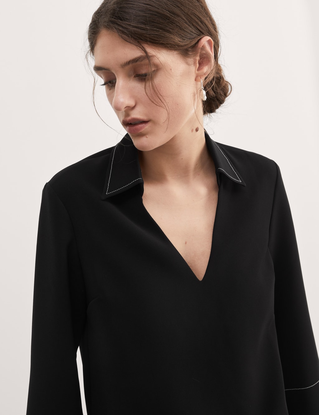 Crepe V-Neck Collared Top