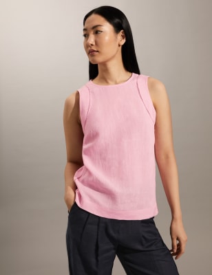 

JAEGER Womens Pure Linen Lace Insert Vest Top - Pink, Pink