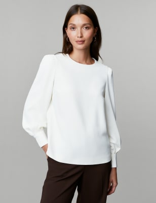 

JAEGER Womens Crepe Crew Neck Blouson Sleeve Blouse - Ivory, Ivory