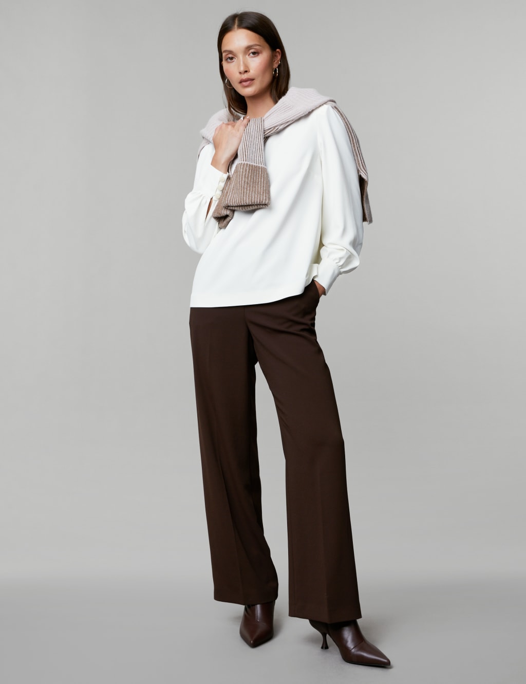 Crepe Crew Neck Blouson Sleeve Blouse image 5