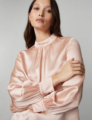 

JAEGER Womens Pure Silk Textured Funnel Neck Blouse - Light Pink, Light Pink