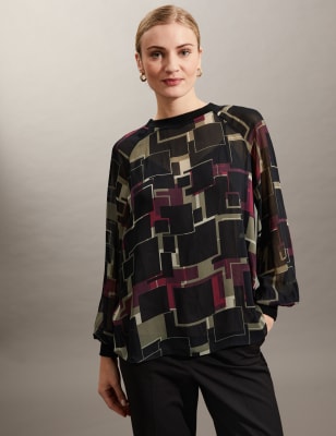 

JAEGER Womens Extragroßes Oberteil mit geometrischem Muster und Rundhalsausschnitt - Pink Mix, Pink Mix