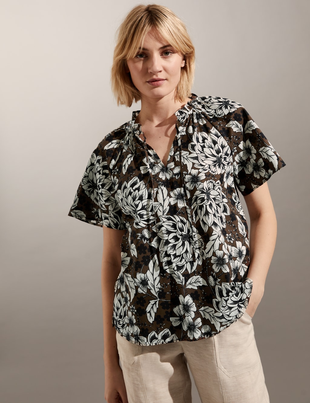 Pure Cotton Floral Tie Neck Blouse image 1