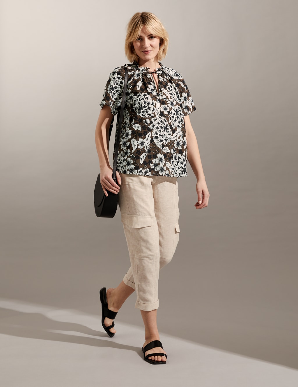 Pure Cotton Floral Tie Neck Blouse image 3
