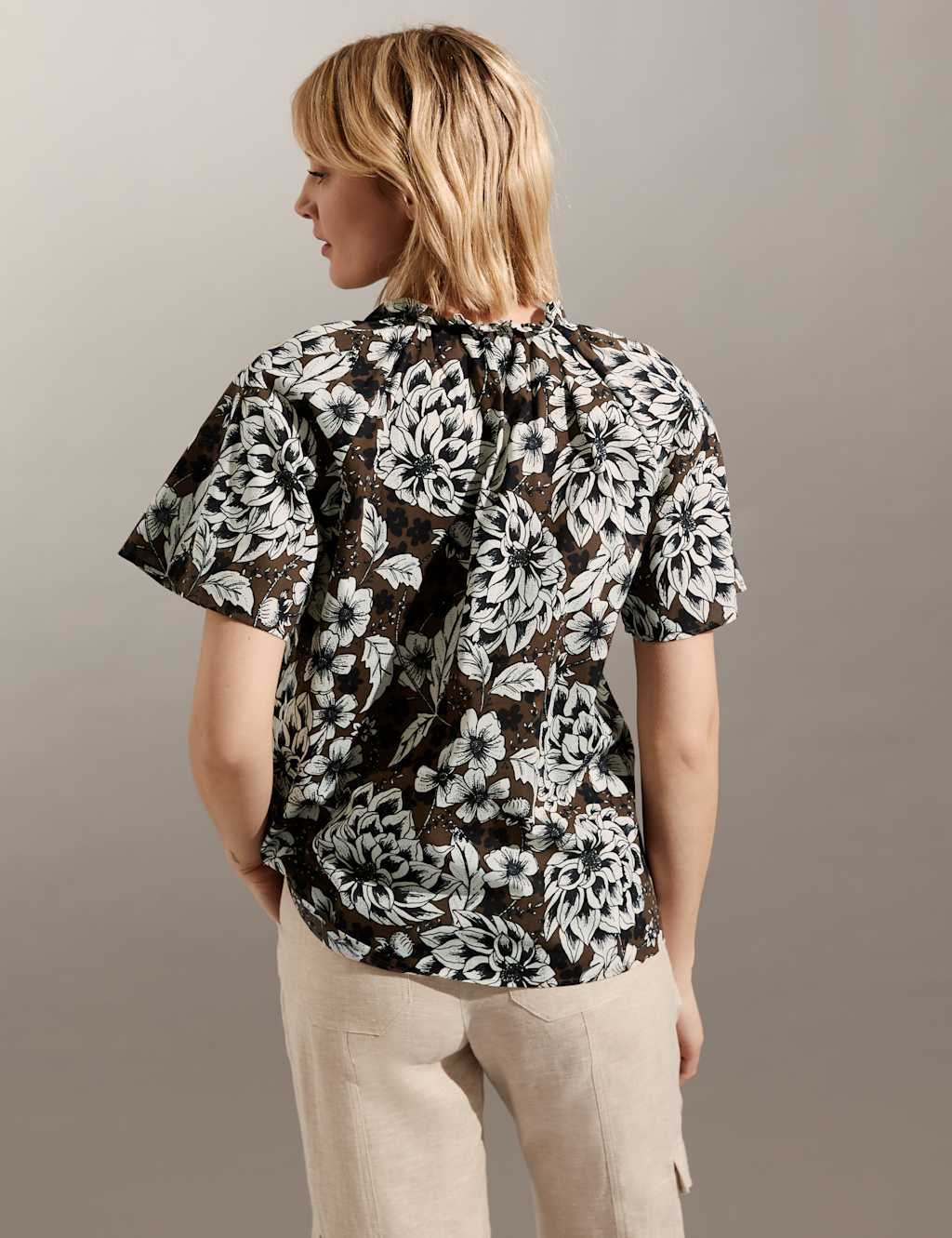 Pure Cotton Floral Tie Neck Blouse image 4