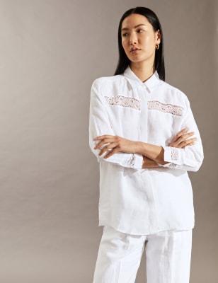 

JAEGER Womens Pure Linen Collared Lace Insert Shirt - Ivory, Ivory