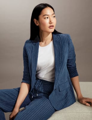 

JAEGER Womens Pure Linen Pinstripe Single Breasted Blazer - White/Navy, White/Navy