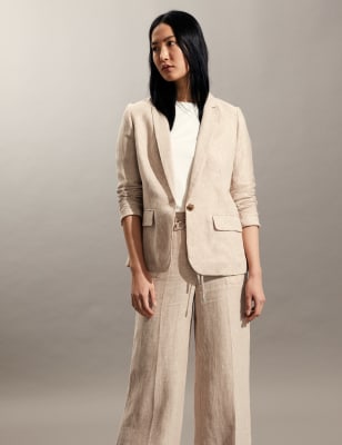 

JAEGER Womens Einreihiger Blazer aus reinem Leinen mit Hahnentrittmuster - Neutral, Neutral