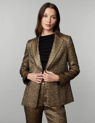 

JAEGER Womens Auf Figur geschnittener, einreihiger Jacquard-Blazer - Gold, Gold