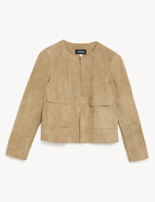 

JAEGER Womens Suede Collarless Jacket - Beige, Beige