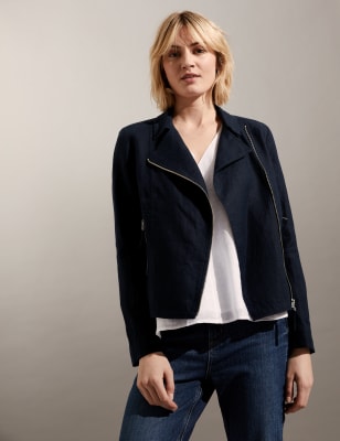 

JAEGER Womens Pure Linen Biker Jacket - Navy, Navy