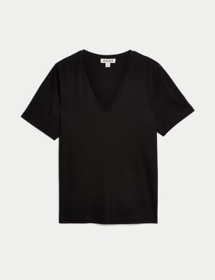 

JAEGER Womens Pure Cotton V-Neck T-Shirt - Black, Black