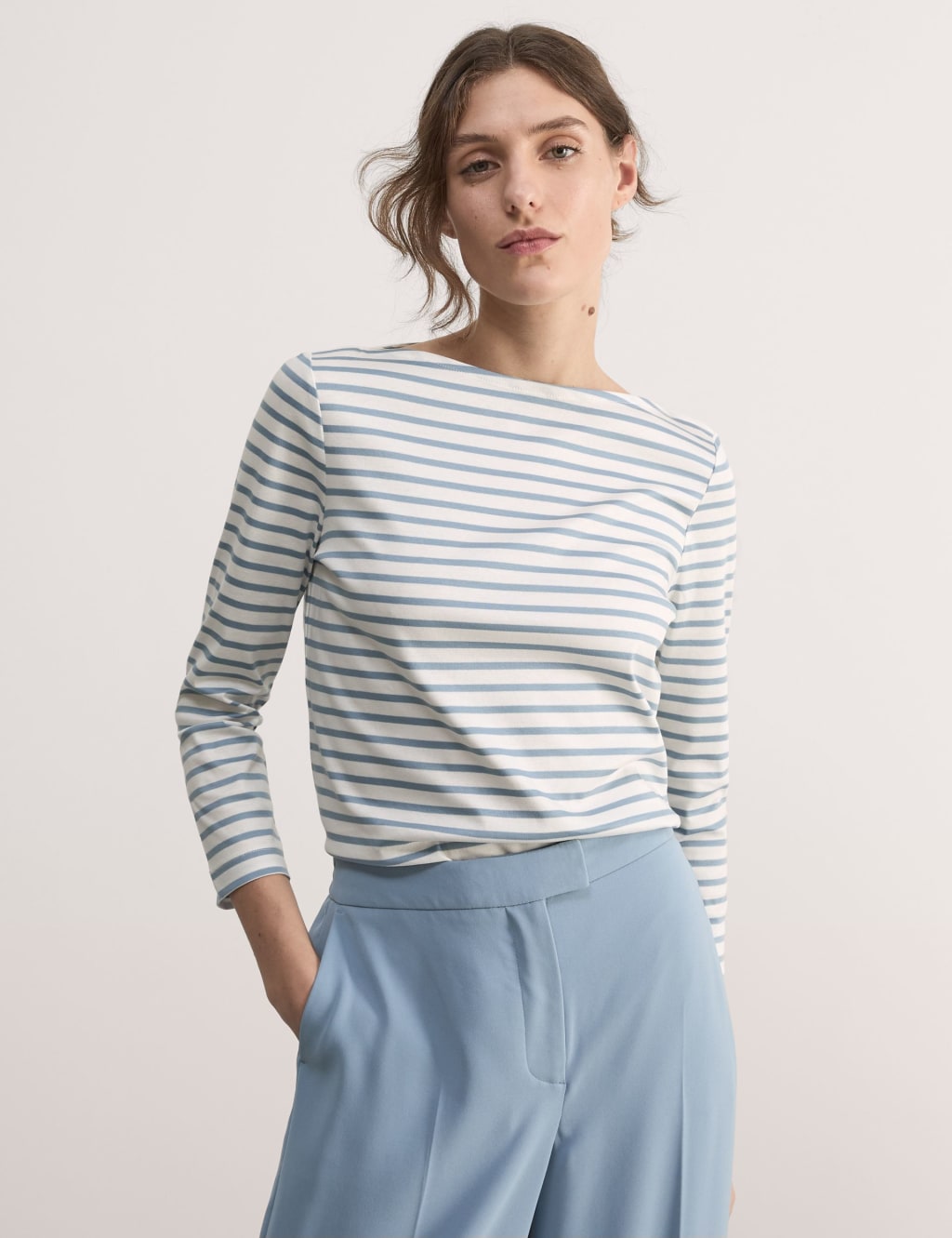 Pure Mercerised Cotton Striped Boat Neck Top