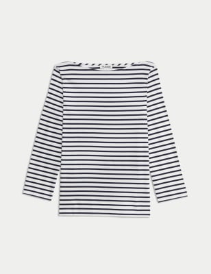 Pure Mercerised Cotton Striped Boat Neck Top