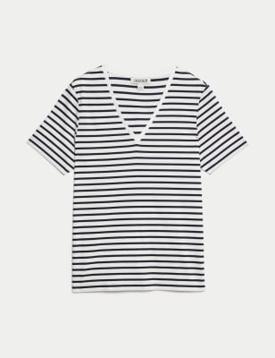 

JAEGER Womens Pure Cotton Striped V-Neck Top - Navy Stripe, Navy Stripe