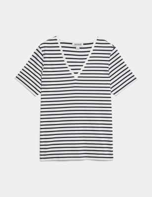 Pure Mercerised Cotton Striped V-Neck Top