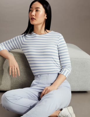 

JAEGER Womens Striped Crew Neck 3/4 Sleeve Top - Blue Mix, Blue Mix