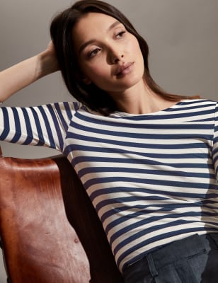 

JAEGER Womens Gestreiftes Oberteil mit 3/4-Ärmeln und Rundhalsausschnitt - Navy Mix, Navy Mix
