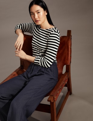 

JAEGER Womens Striped Crew Neck 3/4 Sleeve Top - Black Mix, Black Mix
