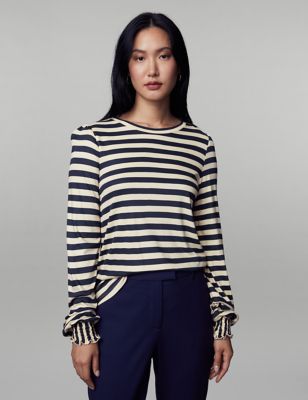 Jersey Striped Shirred Blouson Sleeve Top