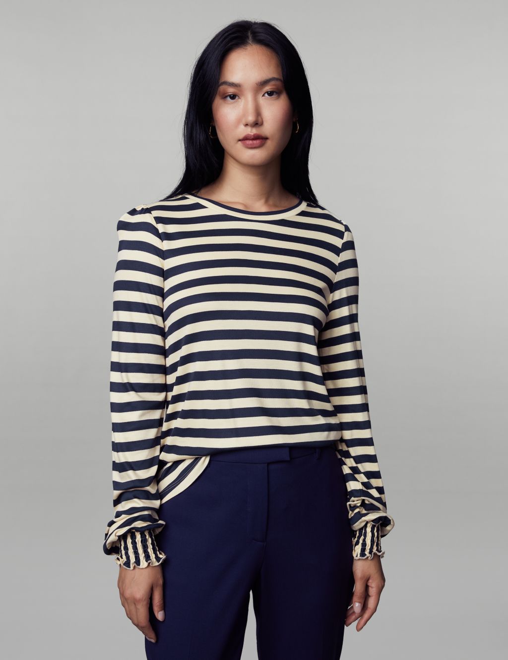 Jersey Striped Shirred Blouson Sleeve Top image 1