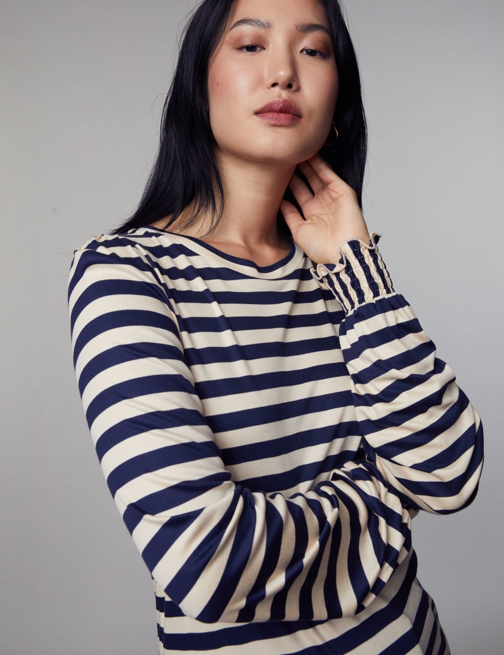 Jersey Striped Shirred Blouson Sleeve Top image 4
