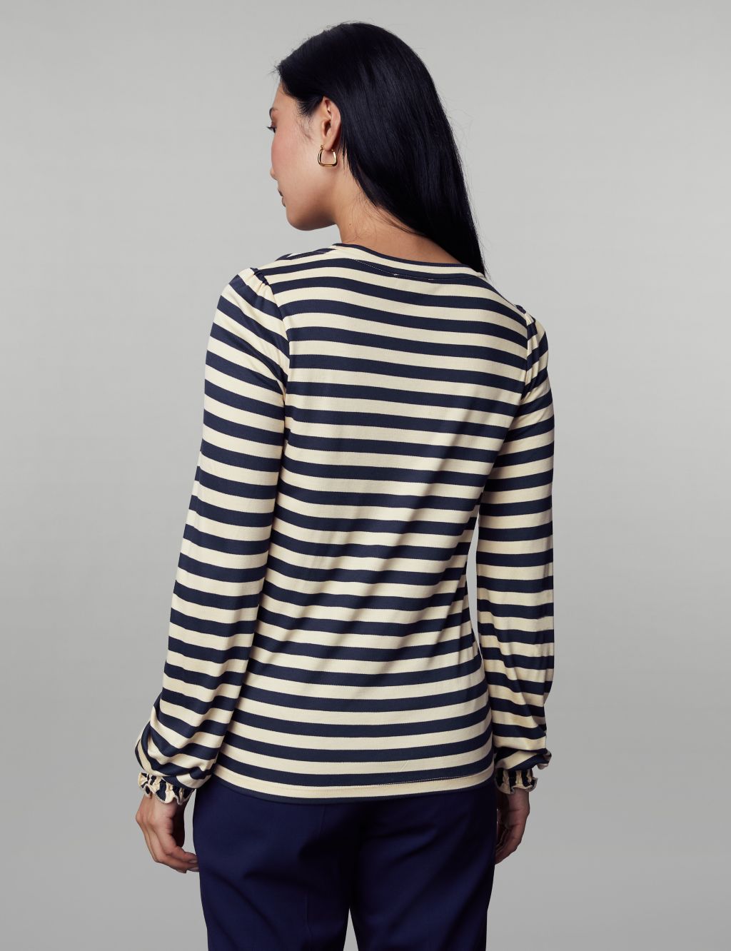 Jersey Striped Shirred Blouson Sleeve Top image 5