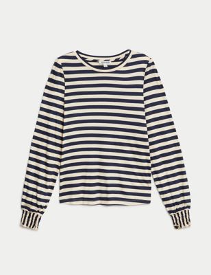 Jersey Striped Shirred Blouson Sleeve Top