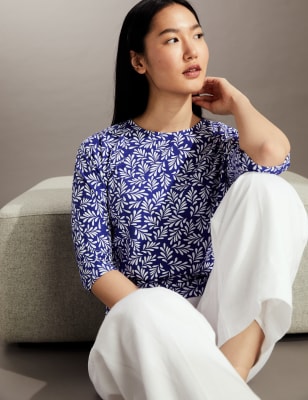 

JAEGER Womens Jersey Floral Slash Neck Top - Blue, Blue