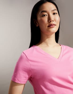 

JAEGER Womens Pure Cotton V-Neck T-Shirt - Pink, Pink