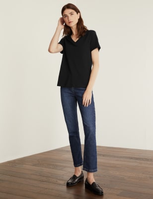 Marks And Spencer JAEGER Womens Pure Cotton V-Neck T-Shirt - Black, Black