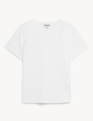 

JAEGER Womens T-Shirt aus reiner Baumwolle mit V-Ausschnitt - White, White