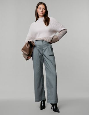 

JAEGER Womens Cotton Rich Pleated Wide Leg Trousers - Slate, Slate