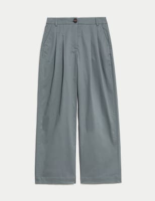 Cotton Rich Pleated Wide Leg Trousers