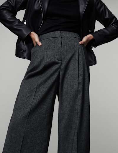 Wool Blend Pleat Front Wide Leg Trousers