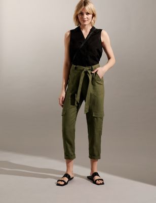 Pure Linen Cargo Belted Cropped Trousers