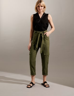 

JAEGER Womens Pure Linen Cargo Belted Cropped Trousers - Khaki, Khaki