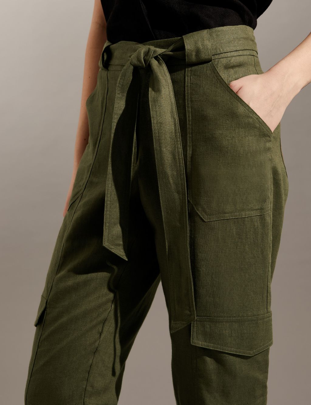 Pure Linen Cargo Belted Cropped Trousers image 3