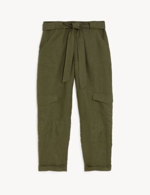 Pure Linen Cargo Belted Cropped Trousers