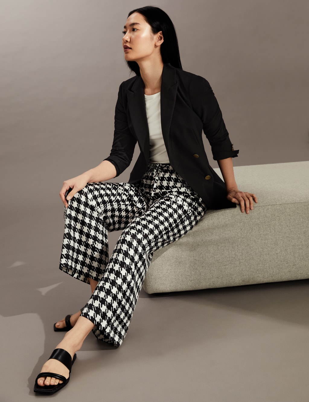 Pure Silk Houndstooth Wide Leg Trousers image 1