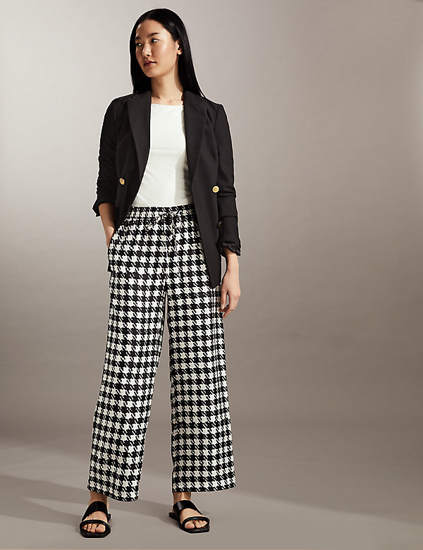 Pure Silk Houndstooth Wide Leg Trousers - BS