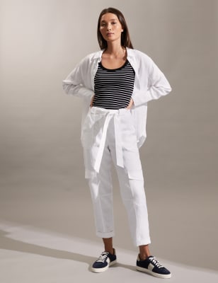 

JAEGER Womens Pure Linen Cargo Belted Cropped Trousers - White, White